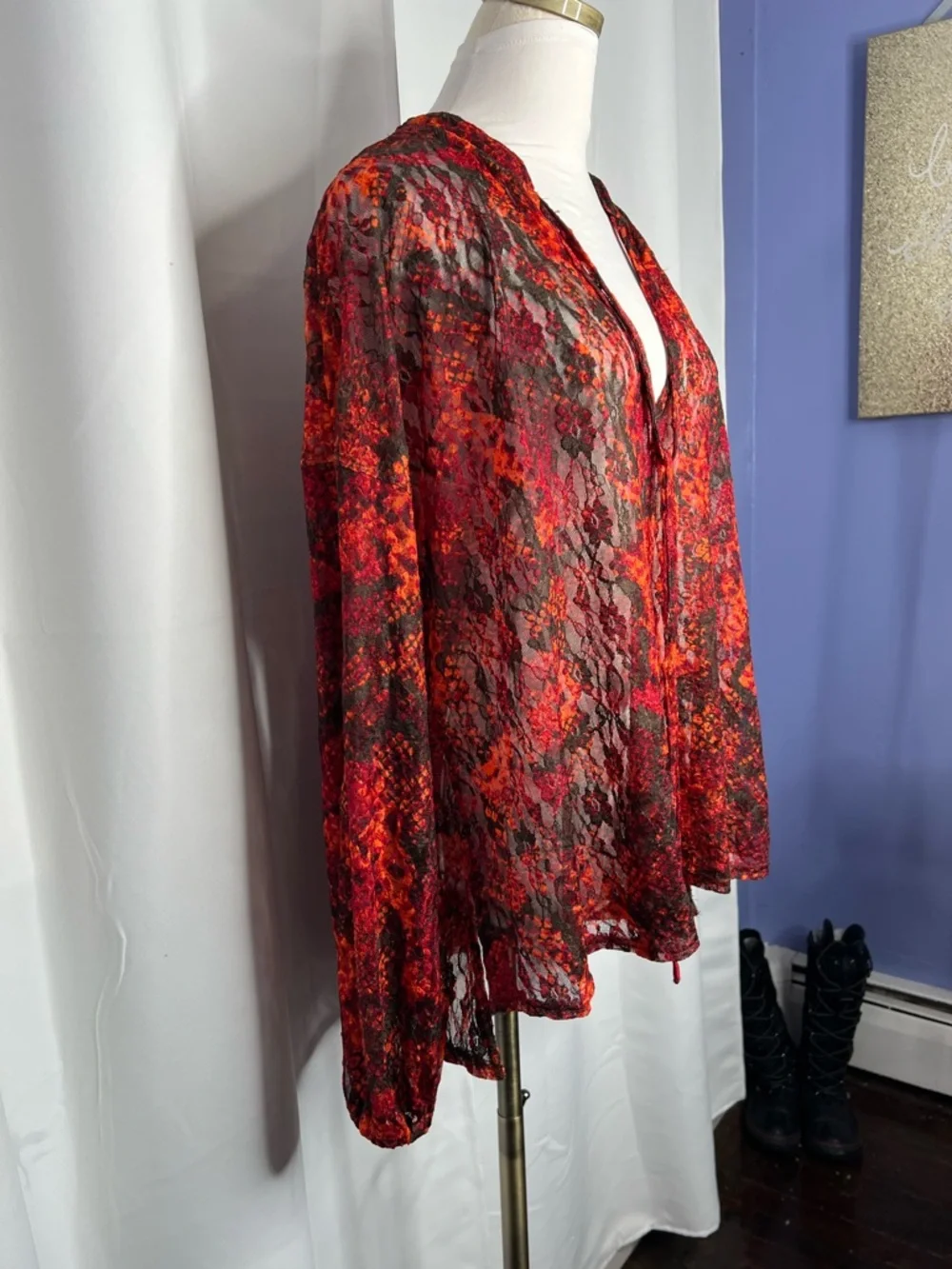 FREE PEOPLE OUT FOR THE NIGHT SHEER  LACE BOHO BLOUSE